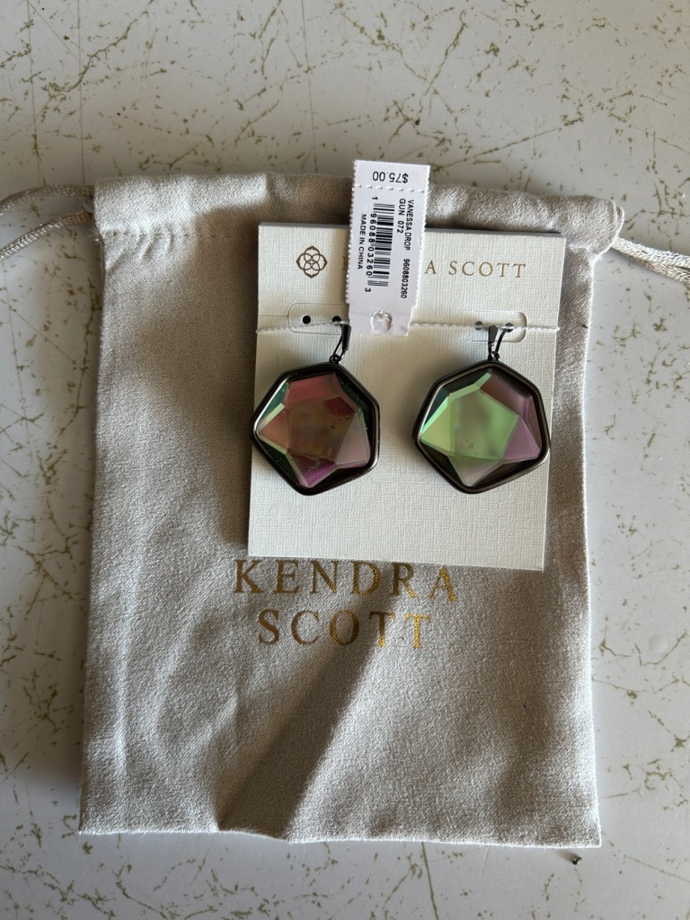 NWT Kendra Scott Iridescent Drop Earrings in Green and Purple with Black Frame